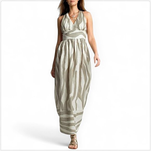 Banana Republic Tan Ivory Cream White Zebra Patio Linen Maxi Dress NEW NWOT 6 - Picture 1 of 5